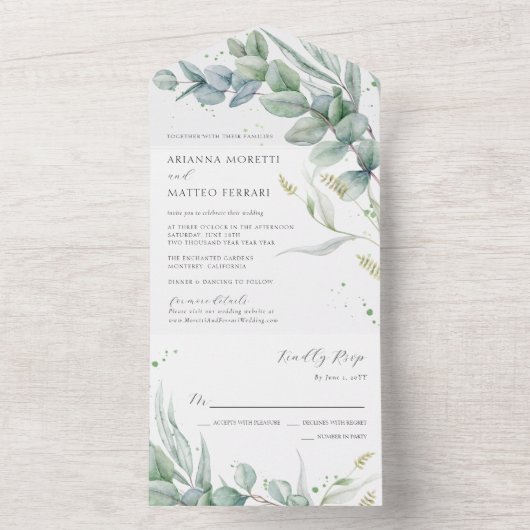 Boho Greenery Eucalyptus Leaves Wedding All In One Uitnodiging (Binnen)