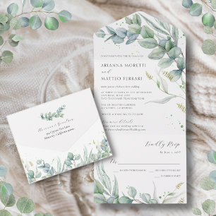 Boho Greenery Eucalyptus Leaves Wedding All In One Uitnodiging