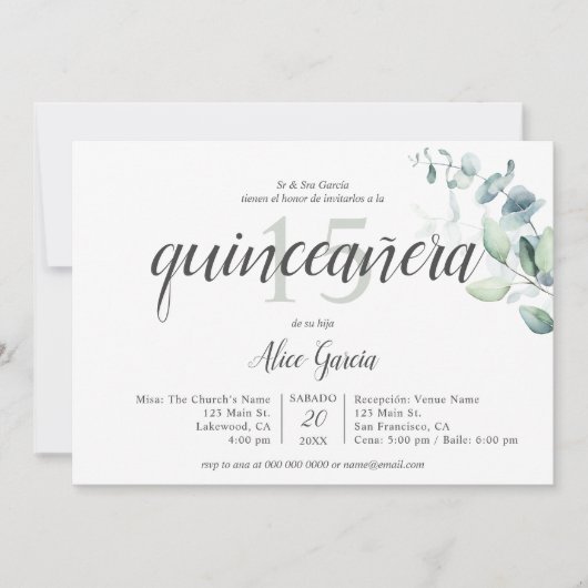 "Boho Greenery Eucalyptus Quinceanera Uitnodiging (Voorkant)