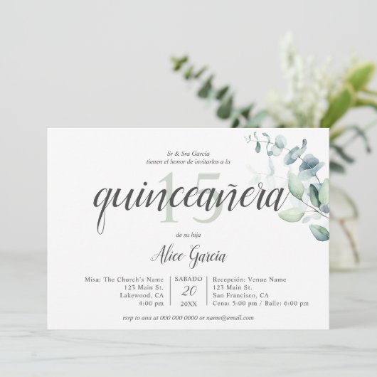 "Boho Greenery Eucalyptus Quinceanera Uitnodiging (Staand voorkant)