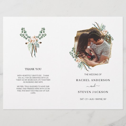 Boho Greenery Feuille Photo Mariage Programme plié (Devant)