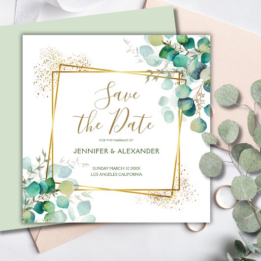 Boho Greenery Geometrisch Vierkant Save the Date Kaart