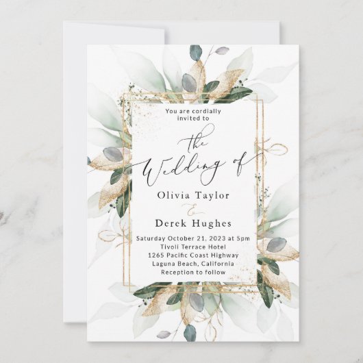 Boho Greenery & Gold Eucalyptus Lijst Wedding Kaart (Voorkant)