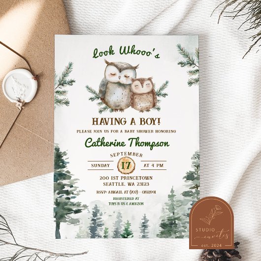 Boho Greenery Owl Baby shower Kaart