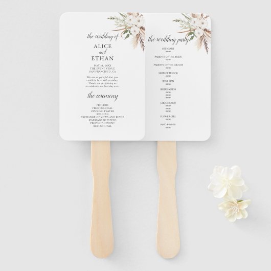 Boho Greenery Pampa Grass Wedding Programme Handwaaier (Voorkant en achterkant)