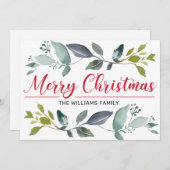 Boho Greenery Red Merry kersttypografie Feestdagenkaart (Voorkant / Achterkant)