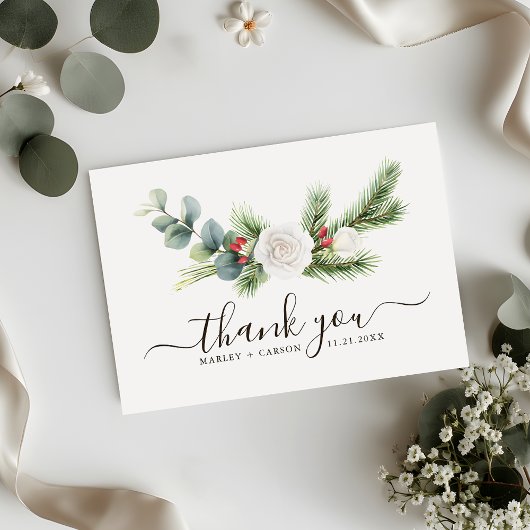 Boho Greenery Script Evergreen Wedding Bedankkaart