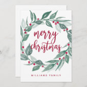 Boho Greenery Wreath Red Berries Kerst Feestdagenkaart (Voorkant / Achterkant)
