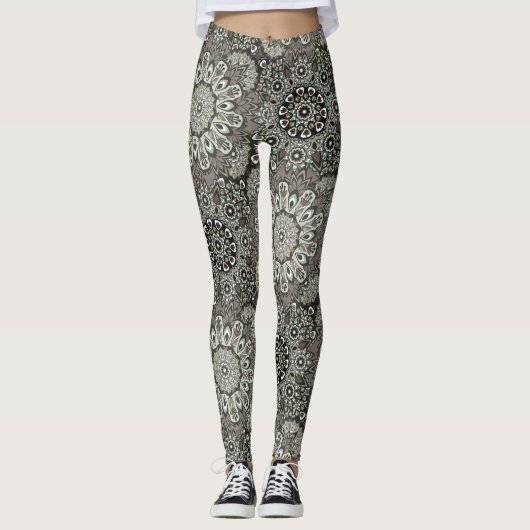 Boho Grey Black Mandala Motif Leggings (Devant)