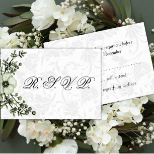 Boho Grey Damask et Green Floral Wedding RSVP