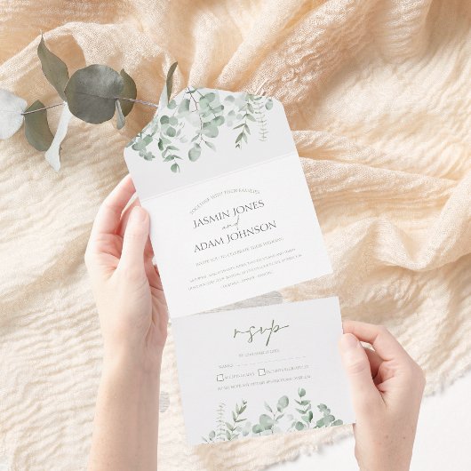 Boho groen blad eucalyptus bruiloft all in one uitnodiging