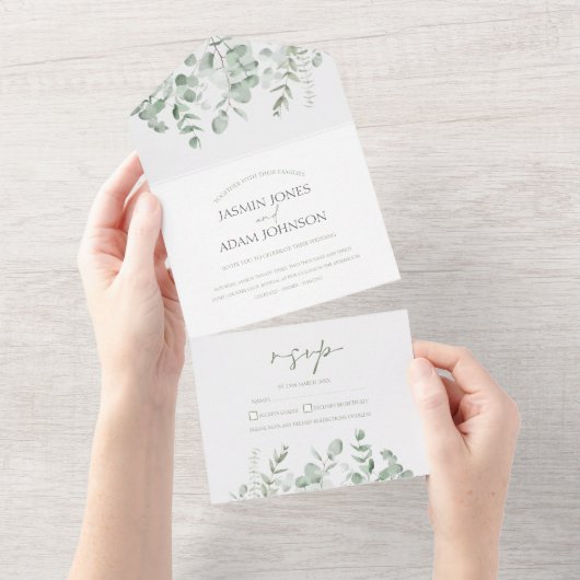 Boho groen blad eucalyptus bruiloft all in one uitnodiging (Afscheurbaar)