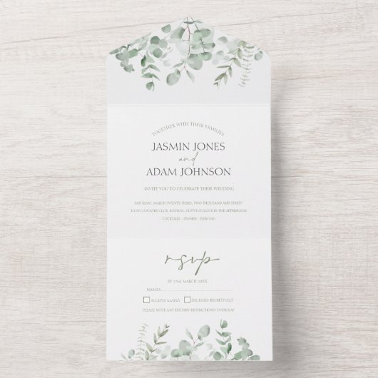 Boho groen blad eucalyptus bruiloft all in one uitnodiging (Binnen)