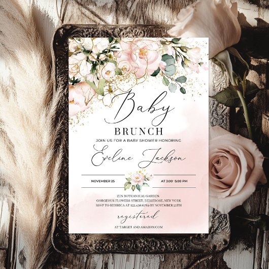 Boho groen blush roze bloemengoud baby brunch kaart