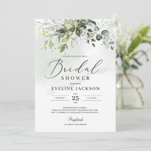 Boho groen en gouden bruids douche uitnodiging (Staand voorkant)