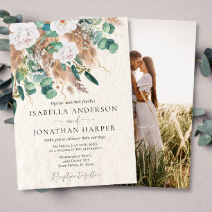 Boho groen eucalyptus beige pampas foto bruiloft kaart