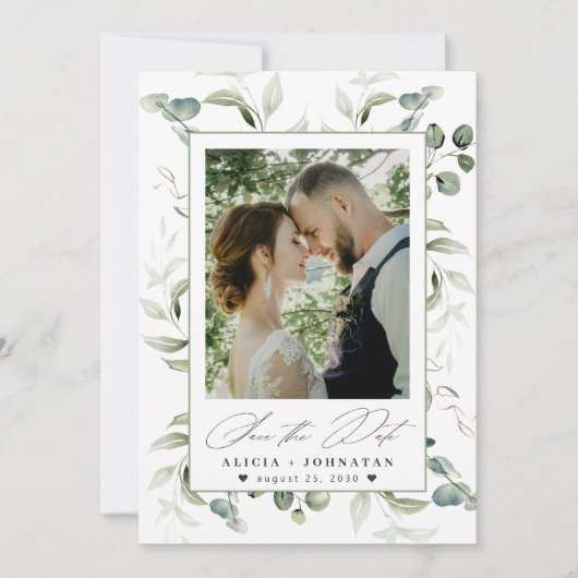Boho groen eucalyptus bruiloft save the date (Voorkant)