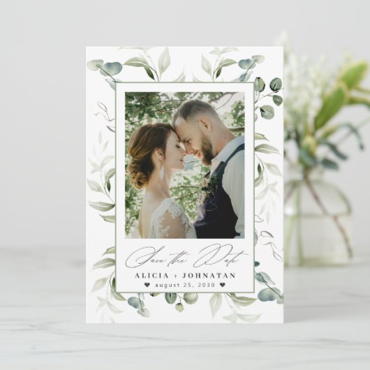Boho groen eucalyptus bruiloft save the date (Staand voorkant)