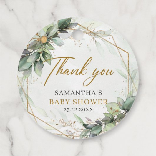 Boho groen eucalyptus gebladerte goud baby shower bedankjes labels (Achterkant)