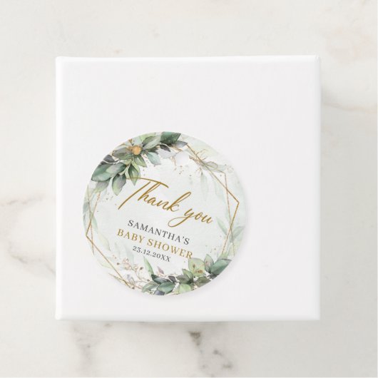 Boho groen eucalyptus gebladerte goud baby shower bedankjes labels (In situ)