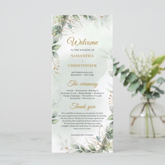 Boho groen eucalyptus gebladerte goud lijst programma (Staand voorkant)