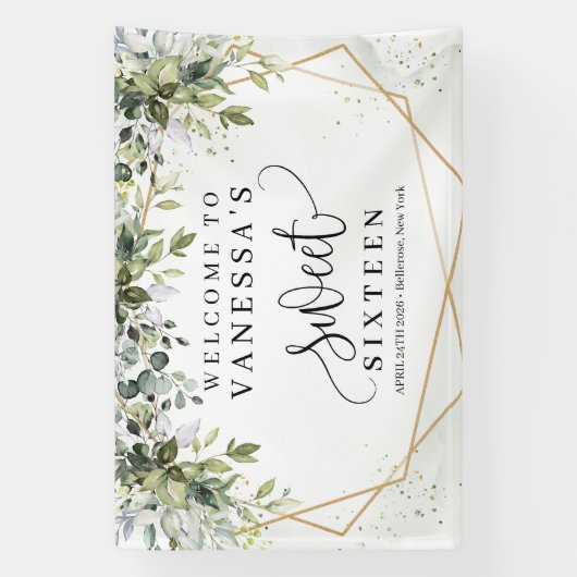 Boho groen eucalyptus gebladerte goud zoet 16 spandoek (Verticaal)