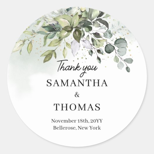 Boho groen eucalyptus gebladerte gouden schitterin ronde sticker (Voorkant)