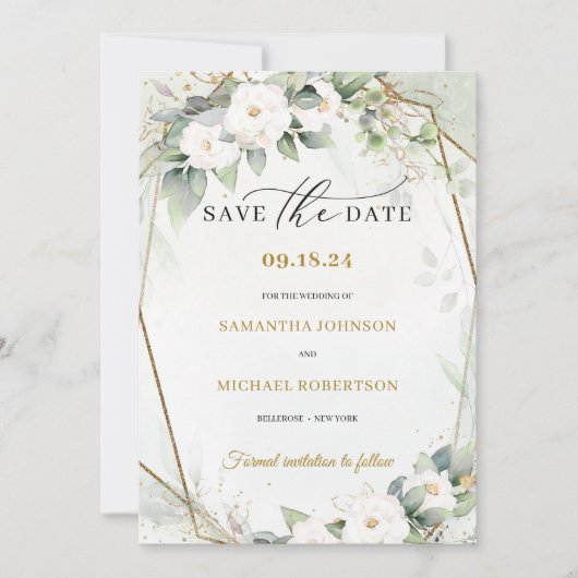 Boho groen eucalyptus witte rozen bloemen save the date (Voorkant)