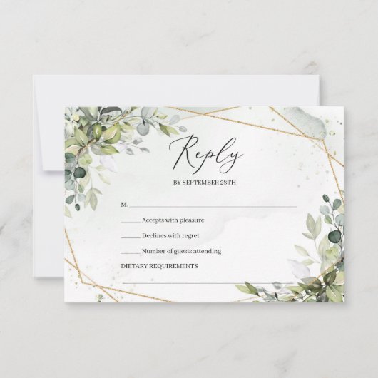 Boho groen gebladerte en goud lijst veer rsvp (Voorkant)