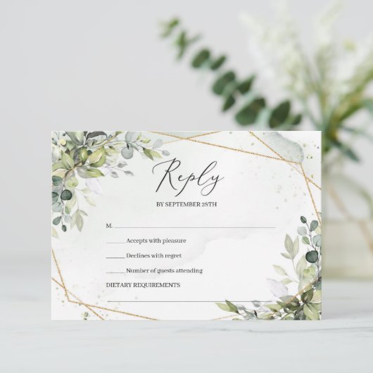 Boho groen gebladerte en goud lijst veer rsvp (Staand voorkant)