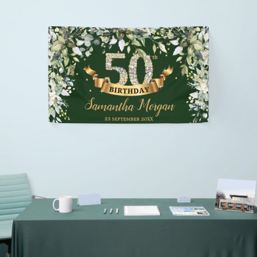 Boho groen gebladerte goud 50e verjaardagsfeestje spandoek (Beurs)