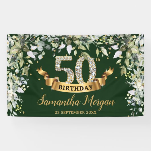 Boho groen gebladerte goud 50e verjaardagsfeestje spandoek (Horizontaal)