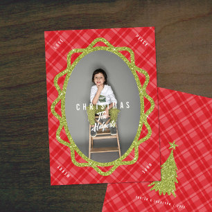 Boho Groen Glitter & Plaid Ovaal Foto Kerstmis Feestdagenkaart