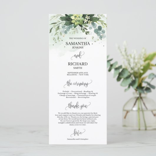 Boho groen succulent eucalyptus bruiloft programma (Staand voorkant)