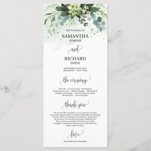 Boho groen succulent eucalyptus bruiloft programma (Voorkant)