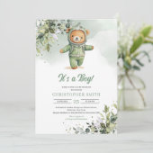 Boho groen teddybeer astronaut genderneutraal kaart (Staand voorkant)