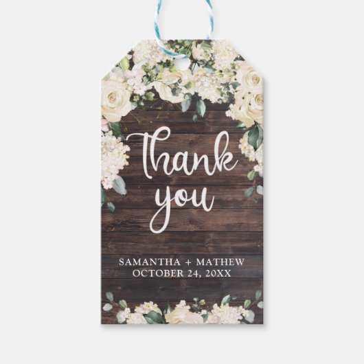 Boho groen wit bloemenhout rustiek rozen cadeaulabel (Voorkant)