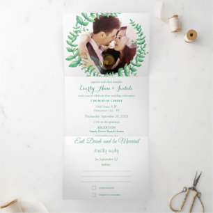 Boho groene blad mintgroene as krans bruiloft drieluik uitnodiging