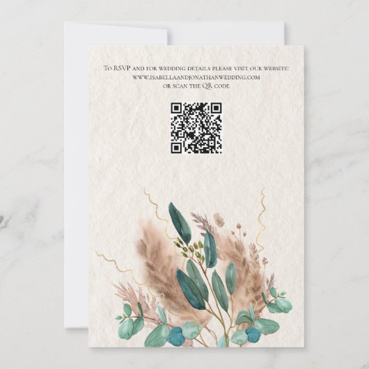 Boho Groene Eucalyptus Pampas Gras QR Code Bruilof Kaart (Achterkant)