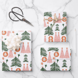 Boho groene roze oranje rustieke kerstbomen inpakpapier vel