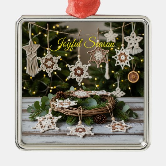 Boho Haak Snowflake Metallic Kerst Ornament (Voorkant)