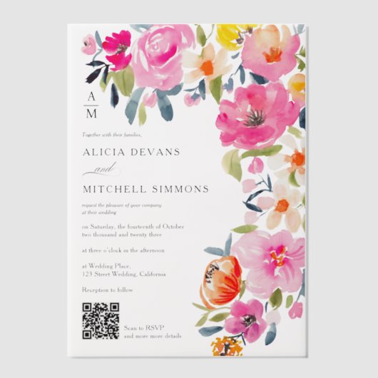 Boho handgeschilderde bloemen QR-code bruiloft Vellum Uitnodigingen (Voorkant)