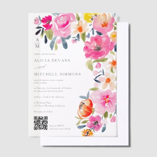 Boho handgeschilderde bloemen QR-code bruiloft Vellum Uitnodigingen (Offset)