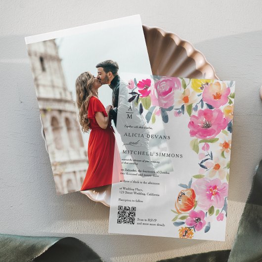 Boho handgeschilderde bloemen QR-code bruiloft Vellum Uitnodigingen