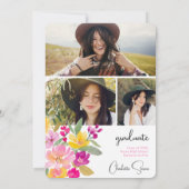 Boho handgeschilderde Boho Floral 3-foto Afstudere Kaart (Achterkant)