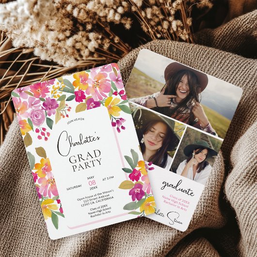 Boho handgeschilderde Boho Floral 3-foto Afstudere Kaart