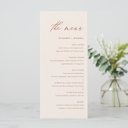 Boho HandwritCalligrafie Terracotta Wedding Menu (Staand voorkant)