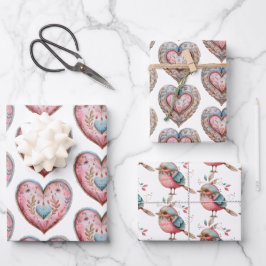 Boho Hearts & Bird Wrapping Paper Set van 3