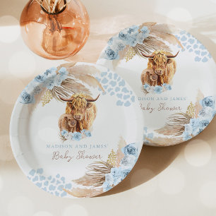 Boho Heilige Koe Blue Pampas Grass Boy Baby shower Papieren Bordje