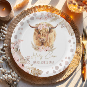 Boho Heilige Koe Hoogland Pampas 1e verjaardag Papieren Bordje